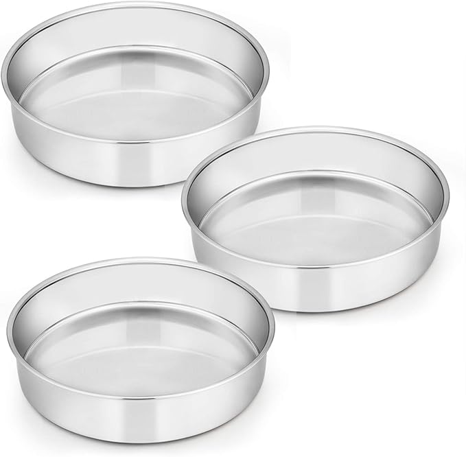 8 Inch Cake Pan Set of 3, Stainless Steel Round Layer Cake Baking Pans, Non-Toxic & Healthy, Mirror Finish & Dishwasher Safe