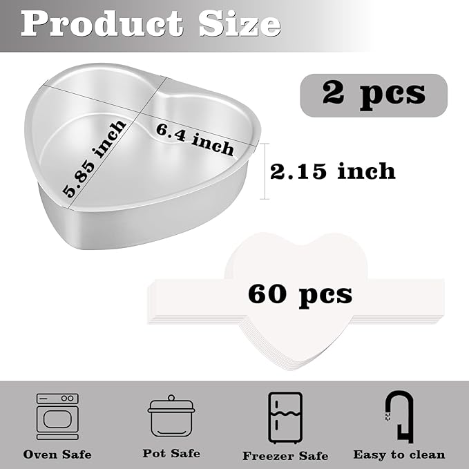 6 Inch Heart Cake Pan, Set of 2 Heart Shaped Cake Pans with 60 Pieces Parchment Paper, Non-stick Cake Baking Pans for Kitchen Birthday Wedding