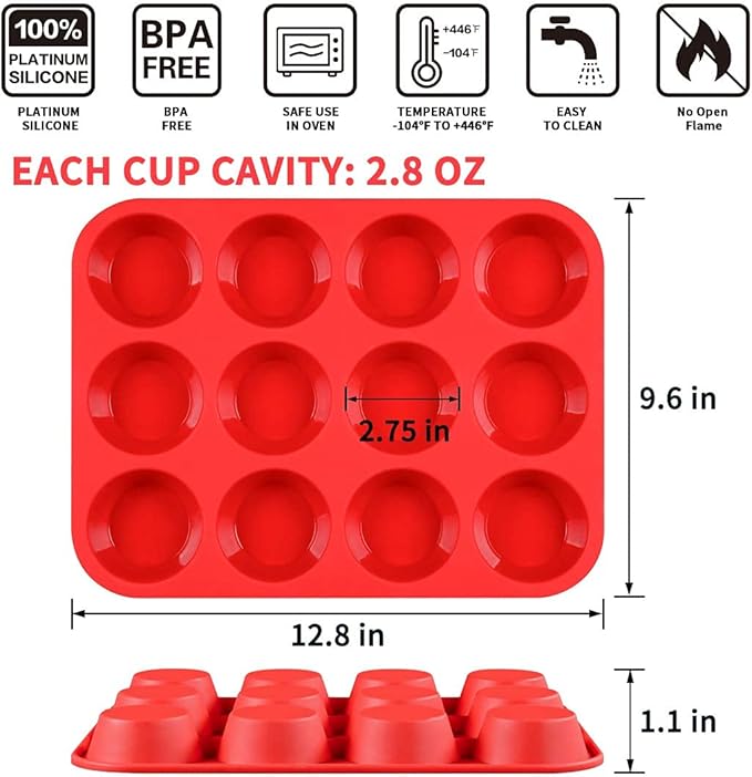 12 Cups Silicone Muffin Pan - Nonstick Cupcake Pan 1 Pack Regular Size Silicone Mold for Baking