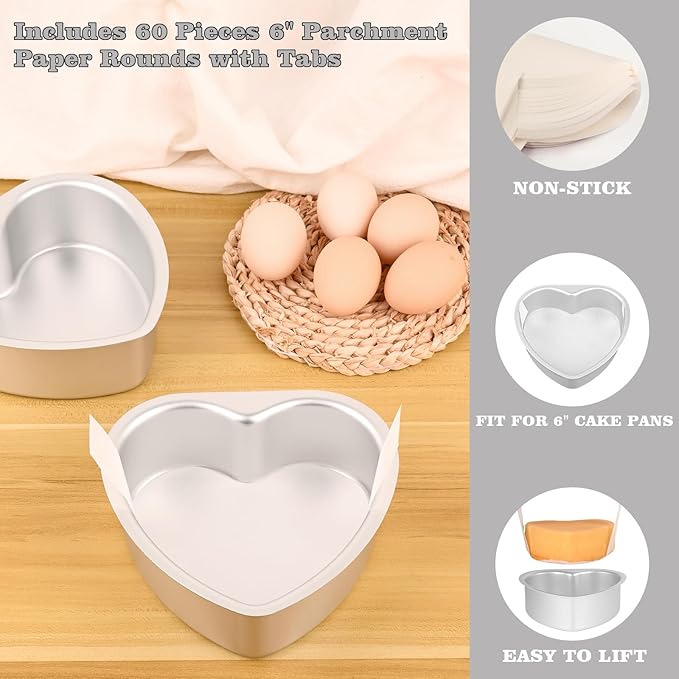 6 Inch Heart Cake Pan, Set of 2 Heart Shaped Cake Pans with 60 Pieces Parchment Paper, Non-stick Cake Baking Pans for Kitchen Birthday Wedding