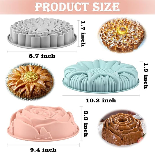 3 Pack Flower Shape Silicone Cake Molds, Large Round Silicone Molds for Baking Cake, Breads, Pies, Tarts, Jello (Rose, Chrysanthemum, Sunflower)