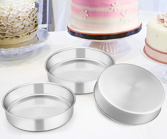 8 Inch Cake Pan Set of 3, Stainless Steel Round Layer Cake Baking Pans, Non-Toxic & Healthy, Mirror Finish & Dishwasher Safe