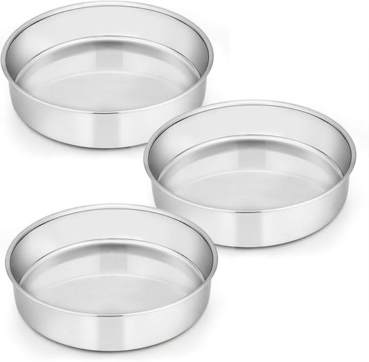 8 Inch Cake Pan Set of 3, Stainless Steel Round Layer Cake Baking Pans, Non-Toxic & Healthy, Mirror Finish & Dishwasher Safe