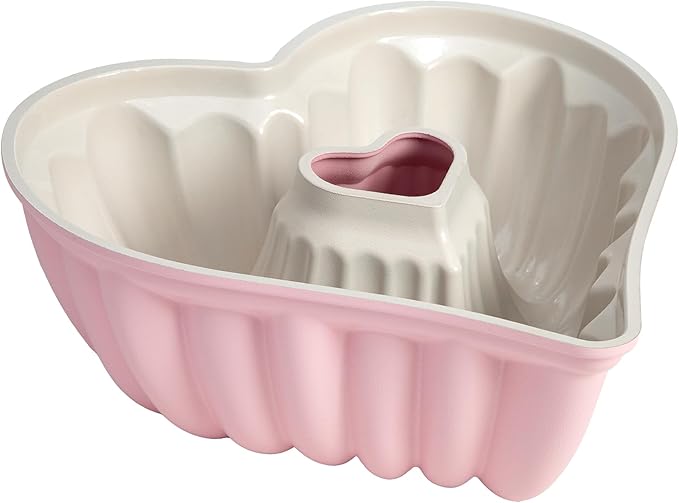 Romantic Heart-Shaped Bundt Cake Pan – Nonstick Fluted Baking Mold, Pink and White, 11.25” Large Size for Valentines & Celebration Cakes