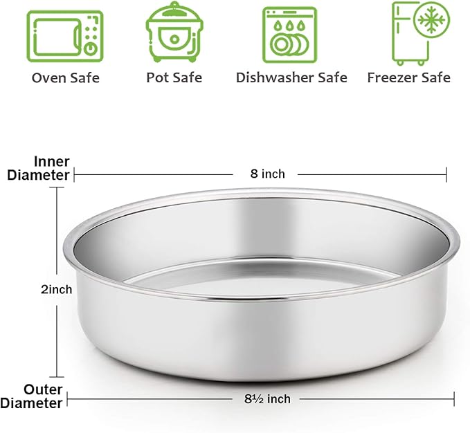 8 Inch Cake Pan Set of 3, Stainless Steel Round Layer Cake Baking Pans, Non-Toxic & Healthy, Mirror Finish & Dishwasher Safe