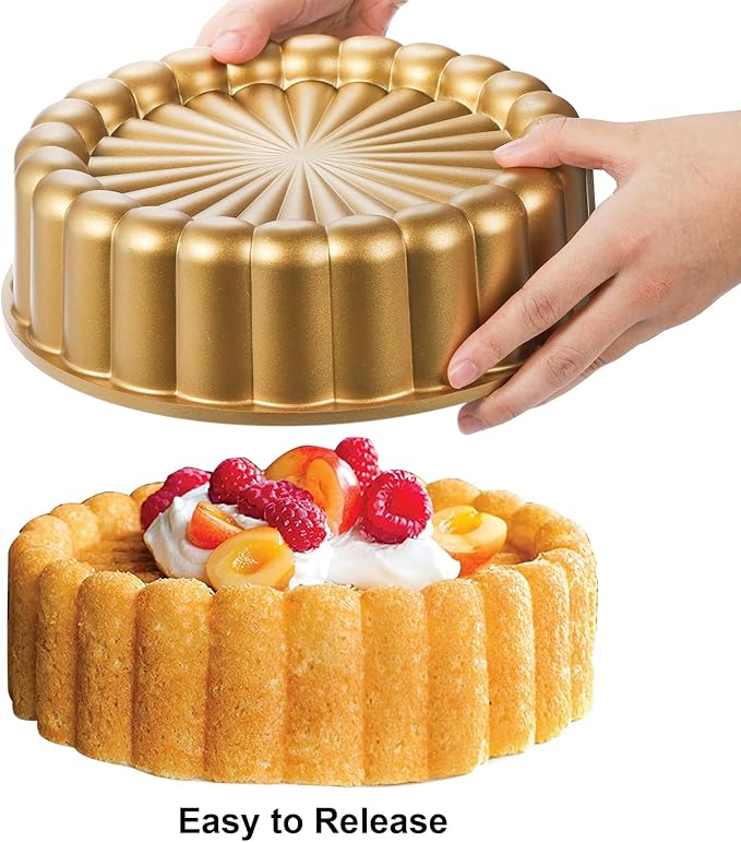 9.5 Inch Charlotte Cake Pan, Reusable Mold Fluted Cake Pan, Nonstick Aluminium Cake Mold with Flower Shape for Cheese Cake, Chocolate Cake, Strawberry Shortcake, Brownie Tart Pie