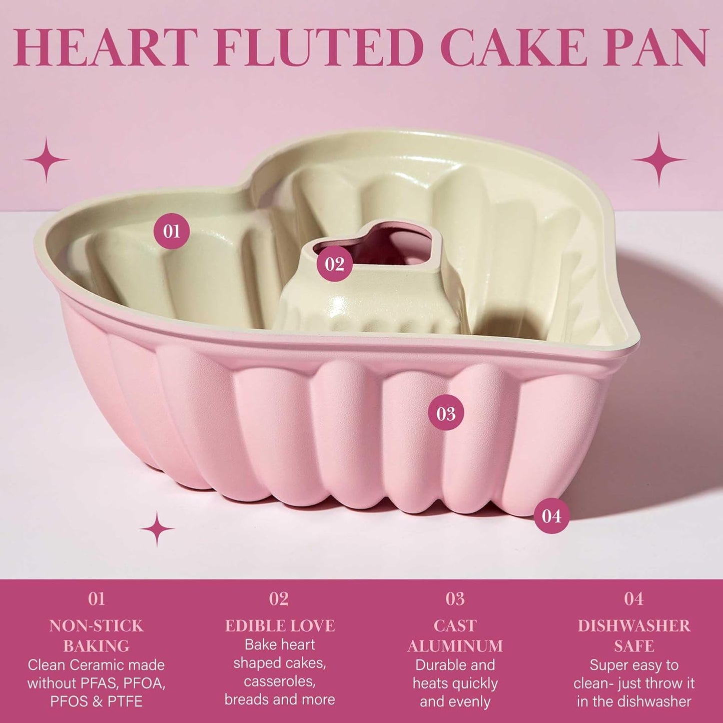 Romantic Heart-Shaped Bundt Cake Pan – Nonstick Fluted Baking Mold, Pink and White, 11.25” Large Size for Valentines & Celebration Cakes