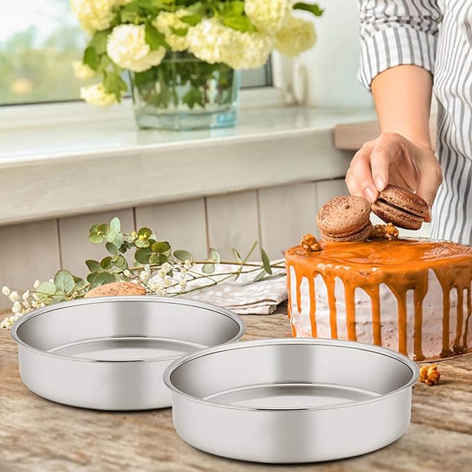 8 Inch Cake Pan Set of 3, Stainless Steel Round Layer Cake Baking Pans, Non-Toxic & Healthy, Mirror Finish & Dishwasher Safe