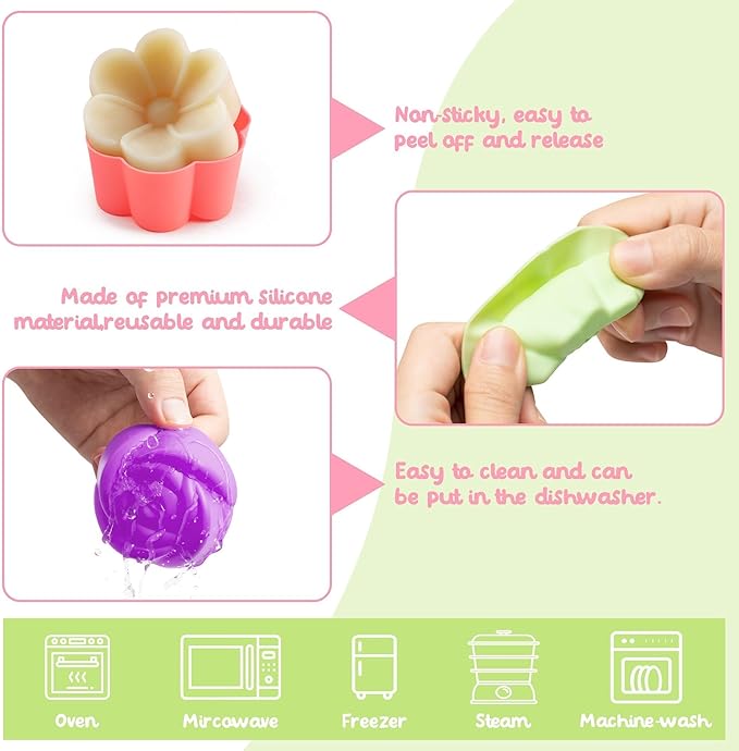 42Pcs Mini Size Silicone Molds, 2 x 0.8 inch Cupcake Multi Flower Shapes Baking Cups Non-Stick Donut Wrapper Mold Muffin Liners Washable for Pan Oven Microwave Dishwasher