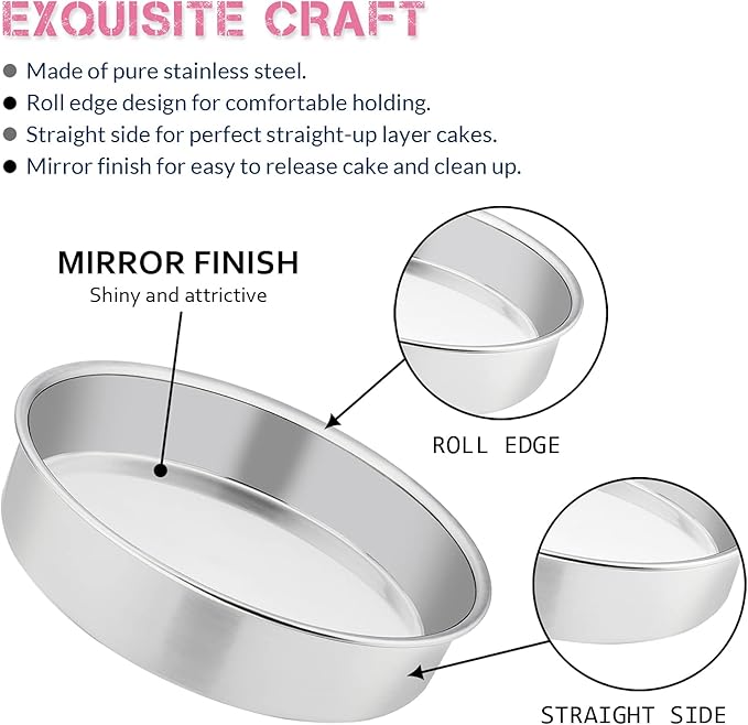 8 Inch Cake Pan Set of 3, Stainless Steel Round Layer Cake Baking Pans, Non-Toxic & Healthy, Mirror Finish & Dishwasher Safe