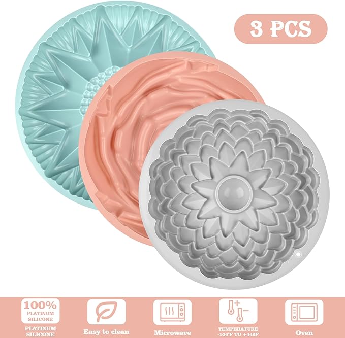3 Pack Flower Shape Silicone Cake Molds, Large Round Silicone Molds for Baking Cake, Breads, Pies, Tarts, Jello (Rose, Chrysanthemum, Sunflower)