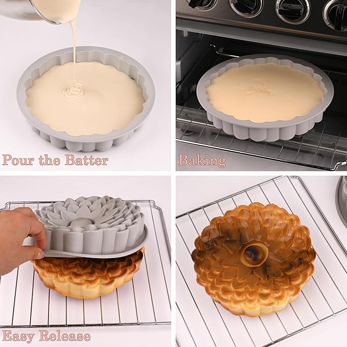 3 Pack Flower Shape Silicone Cake Molds, Large Round Silicone Molds for Baking Cake, Breads, Pies, Tarts, Jello (Rose, Chrysanthemum, Sunflower)