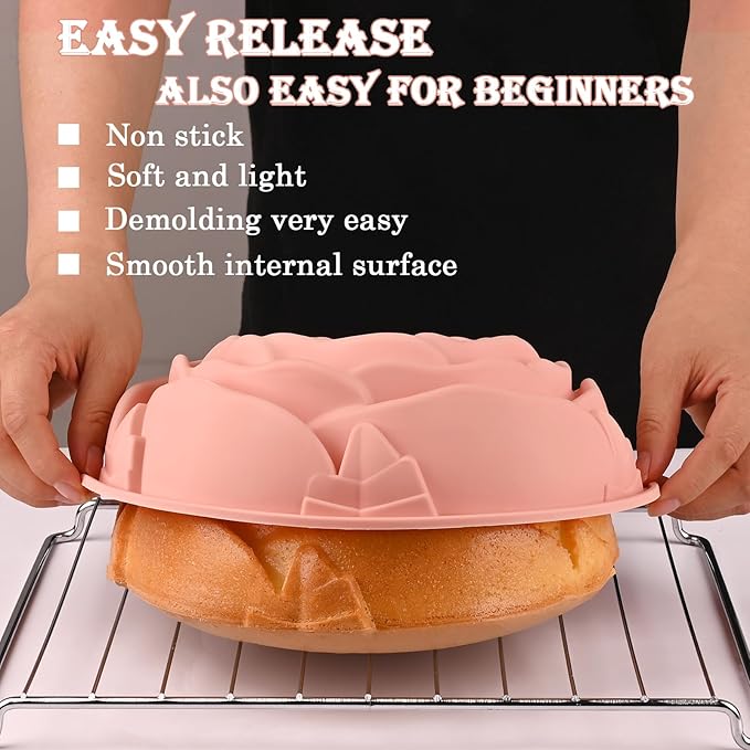 3 Pack Flower Shape Silicone Cake Molds, Large Round Silicone Molds for Baking Cake, Breads, Pies, Tarts, Jello (Rose, Chrysanthemum, Sunflower)