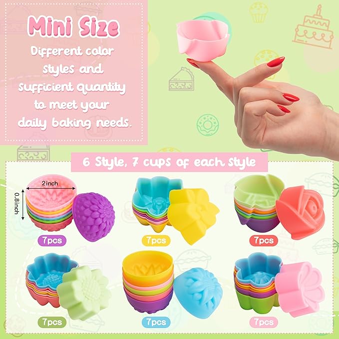 42Pcs Mini Size Silicone Molds, 2 x 0.8 inch Cupcake Multi Flower Shapes Baking Cups Non-Stick Donut Wrapper Mold Muffin Liners Washable for Pan Oven Microwave Dishwasher
