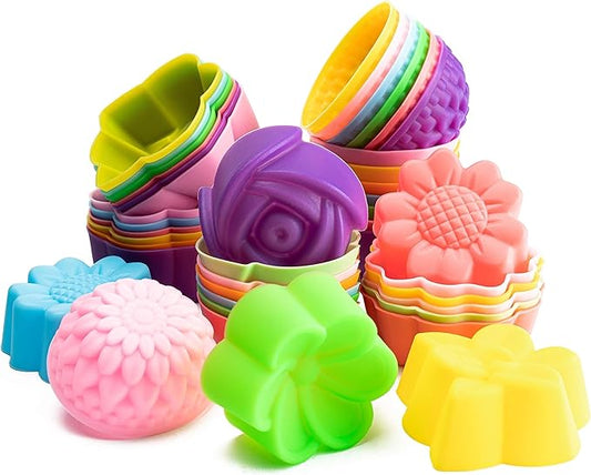 42Pcs Mini Size Silicone Molds, 2 x 0.8 inch Cupcake Multi Flower Shapes Baking Cups Non-Stick Donut Wrapper Mold Muffin Liners Washable for Pan Oven Microwave Dishwasher