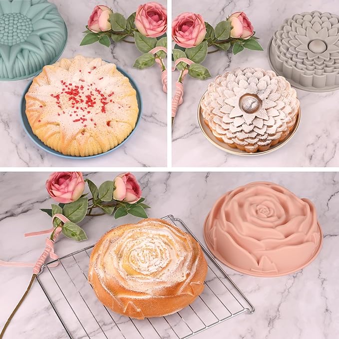 3 Pack Flower Shape Silicone Cake Molds, Large Round Silicone Molds for Baking Cake, Breads, Pies, Tarts, Jello (Rose, Chrysanthemum, Sunflower)