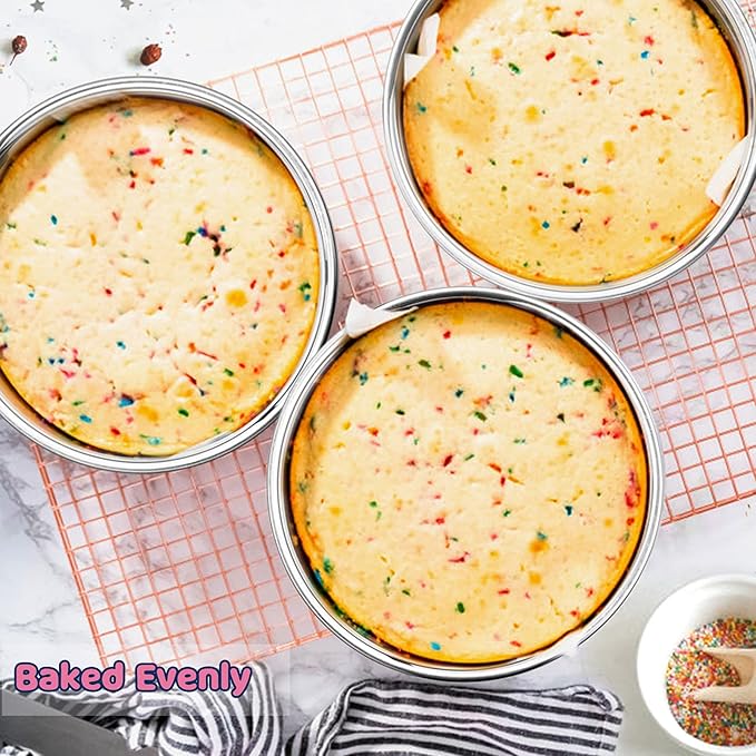 8 Inch Cake Pan Set of 3, Stainless Steel Round Layer Cake Baking Pans, Non-Toxic & Healthy, Mirror Finish & Dishwasher Safe